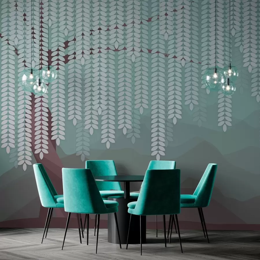 wall murals stylised willow tree with hanging leaves against a backdrop of minimalist mountains in shades of chocolate and turquoise w05232v1