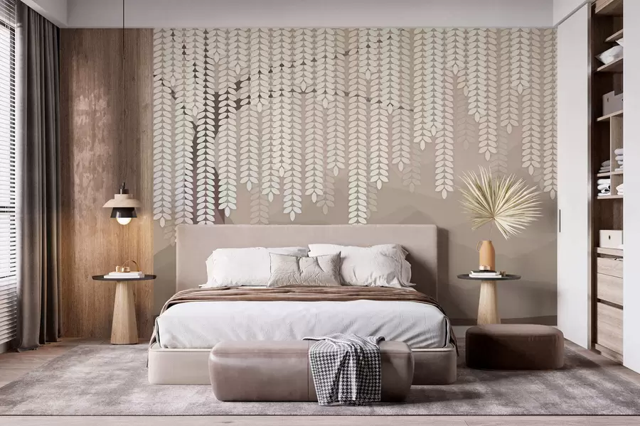 wall murals stylised willow tree with hanging leaves against a backdrop of minimalist mountains in shades of coffee w05232v2