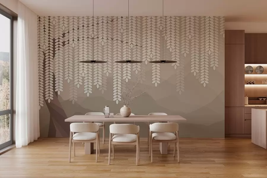 wall murals stylised willow tree with hanging leaves against a backdrop of minimalist mountains in shades of coffee w05232v2