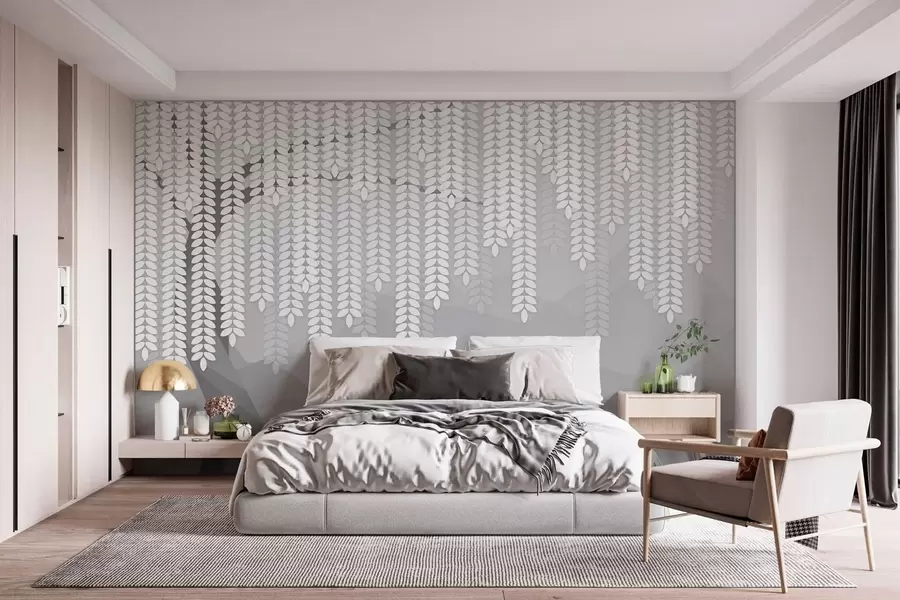 wall murals stylised willow tree with hanging leaves against a backdrop of minimalist mountains in shades of grey w05232v3