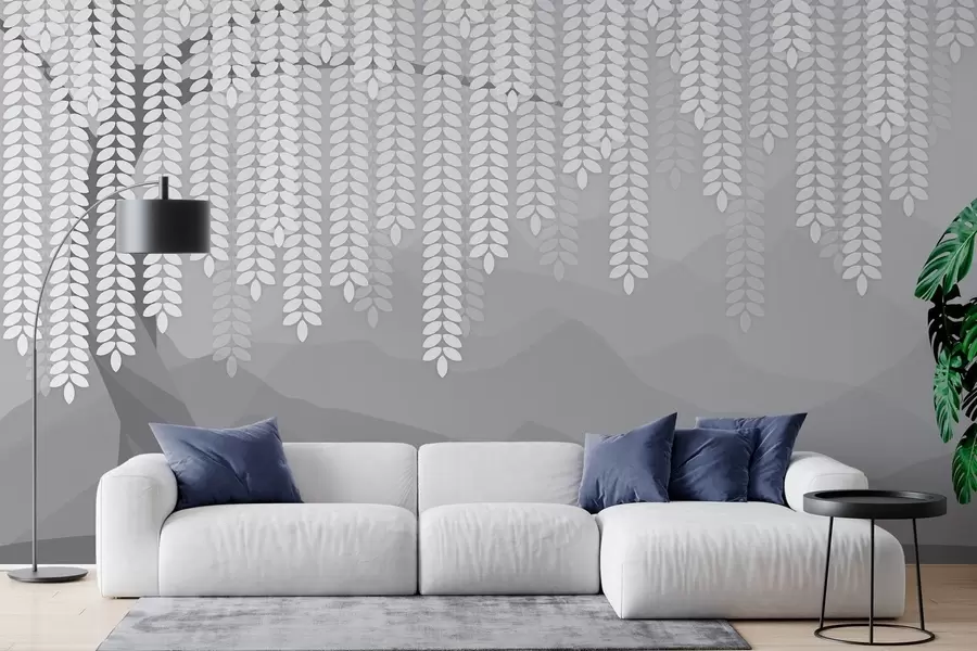 wall murals stylised willow tree with hanging leaves against a backdrop of minimalist mountains in shades of grey w05232v3