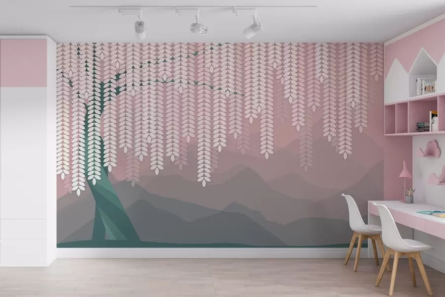 wall murals stylised willow tree with hanging leaves against a backdrop of minimalist mountains in shades of pink and dark green w05232v4