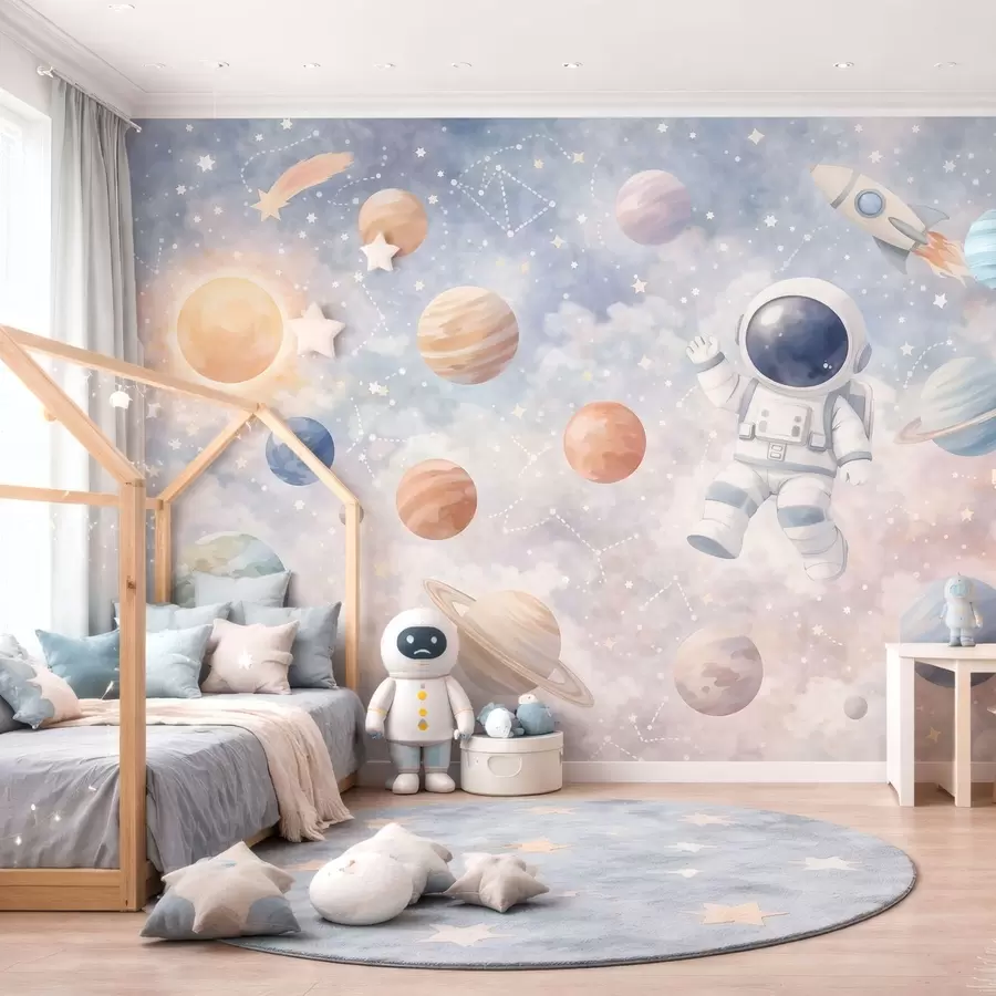 wall murals a little astronaut among planets and stars w05233