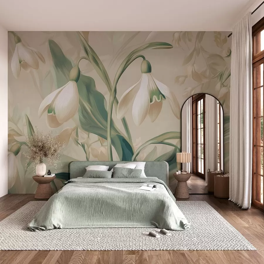 wall murals blooming snowdrops on a beige background w05234