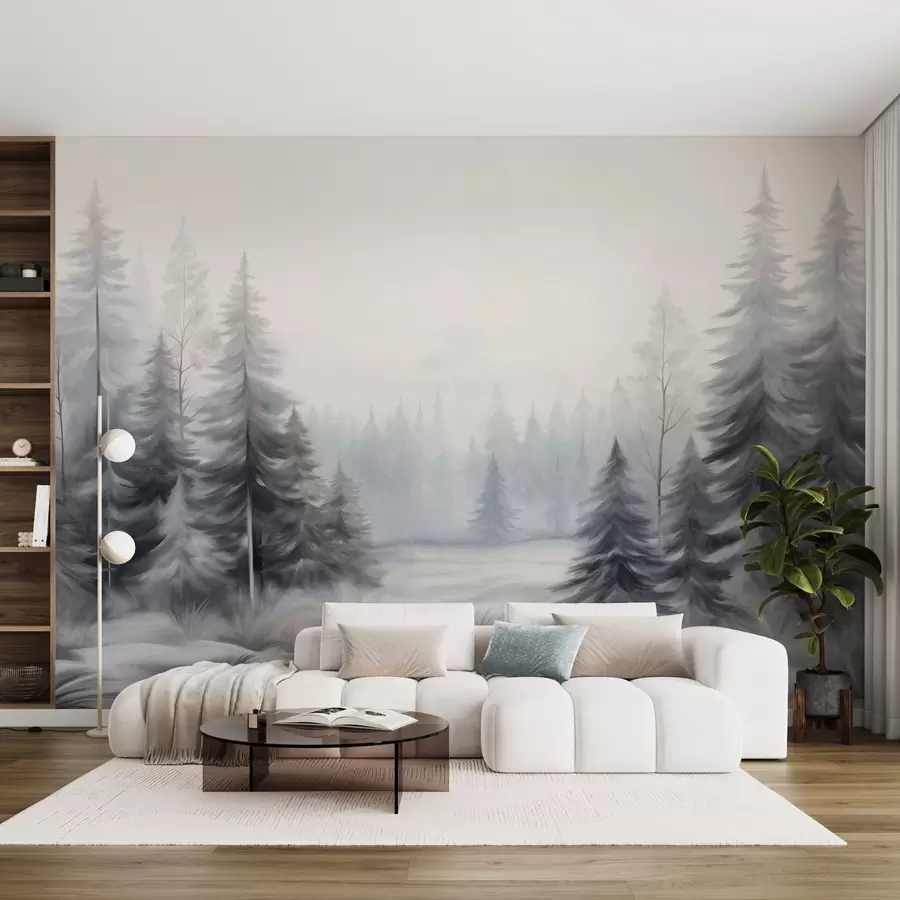 wall murals Textured winter forest trees in mist, in muted gray and white tones w09745