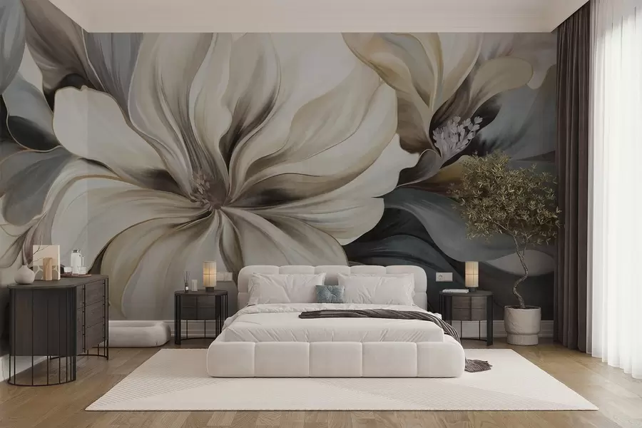 wall murals Large, creamy magnolia flowers with brown and grey leaves, soft lighting, abstract background w09749