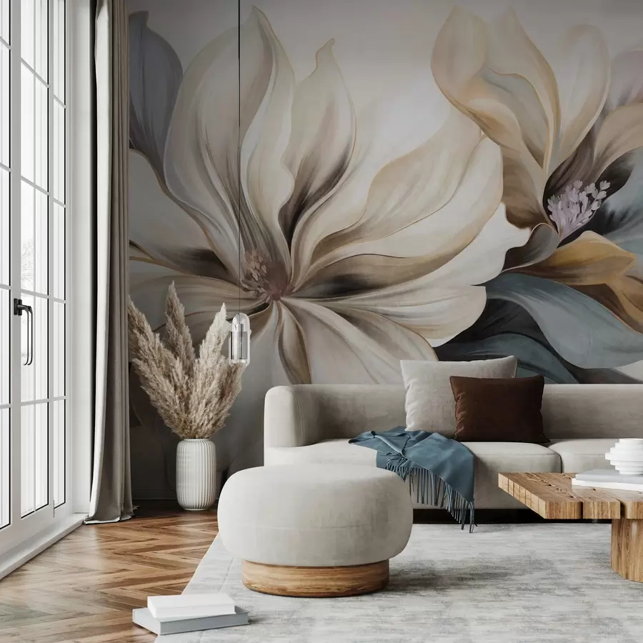 wall murals Large, creamy magnolia flowers with brown and grey leaves, soft lighting, abstract background w09749