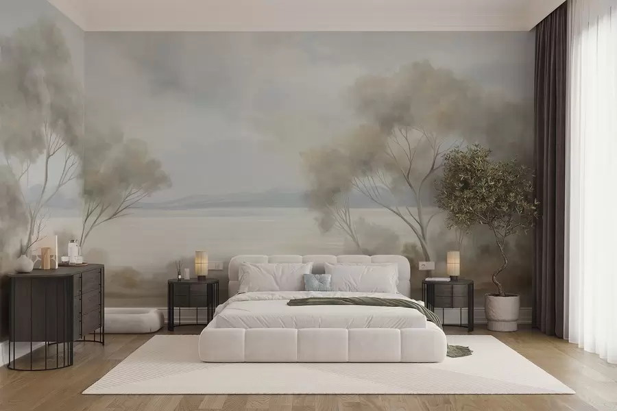 wall murals A landscape textured painting style with trees under a cloudy sky w09753