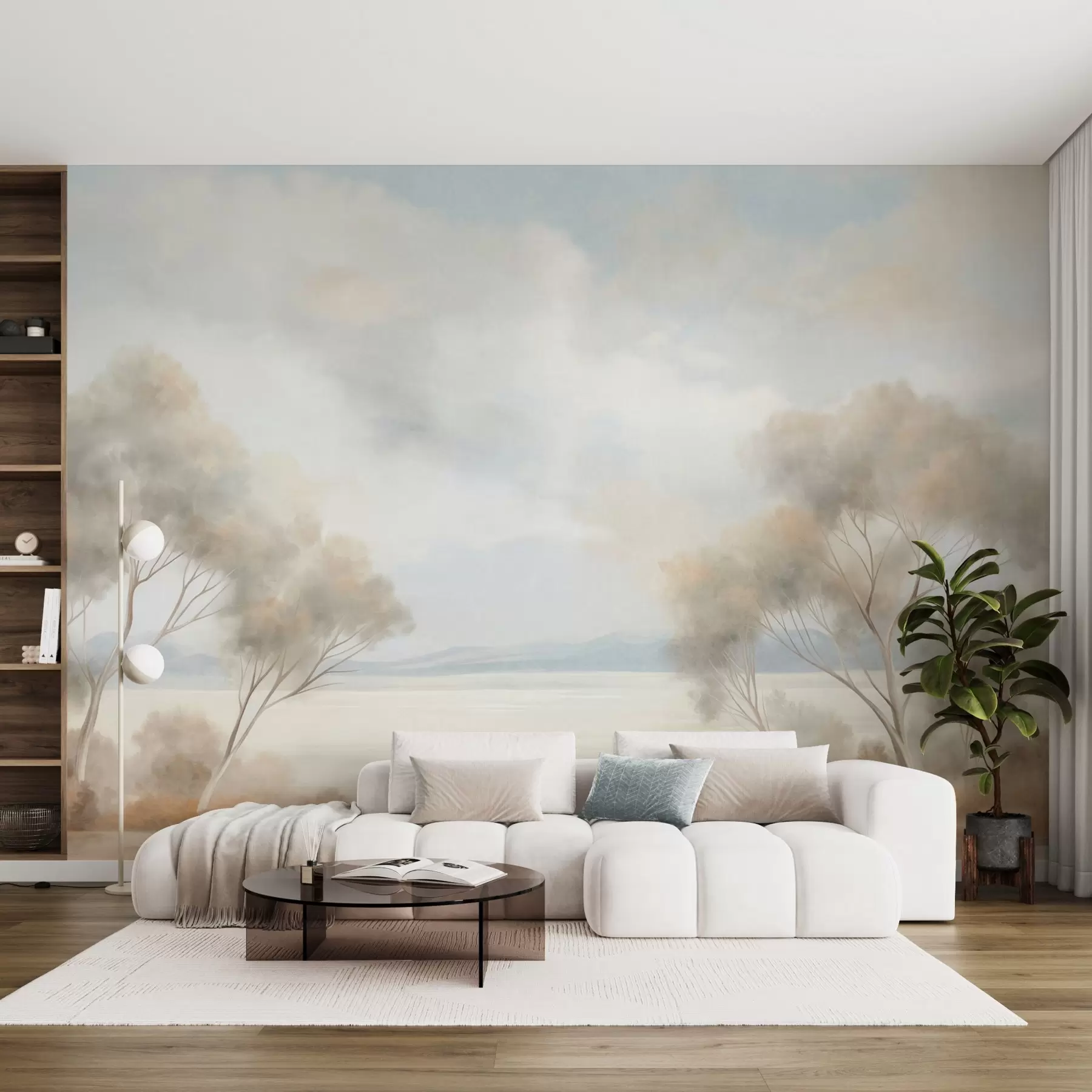 wall murals A landscape textured painting style with trees under a cloudy sky w09753