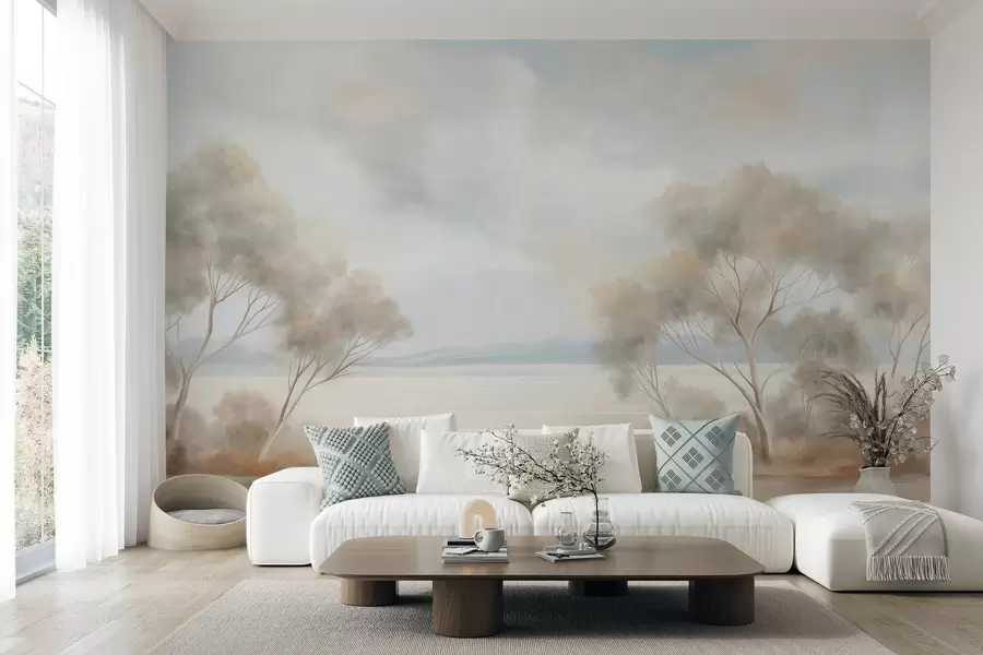 wall murals A landscape textured painting style with trees under a cloudy sky w09753
