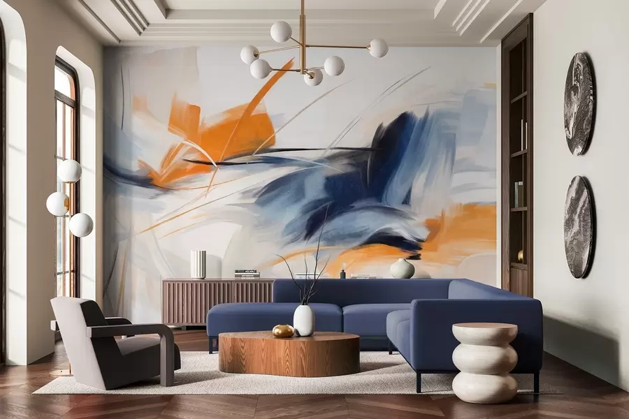 wall murals Abstract painting style with orange and blue textured brushstrokes w09755