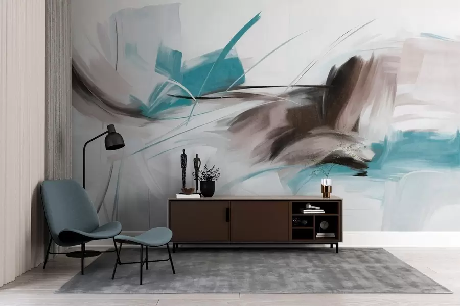 wall murals Abstract painting style with brown and blue textured brushstrokes w09755v1