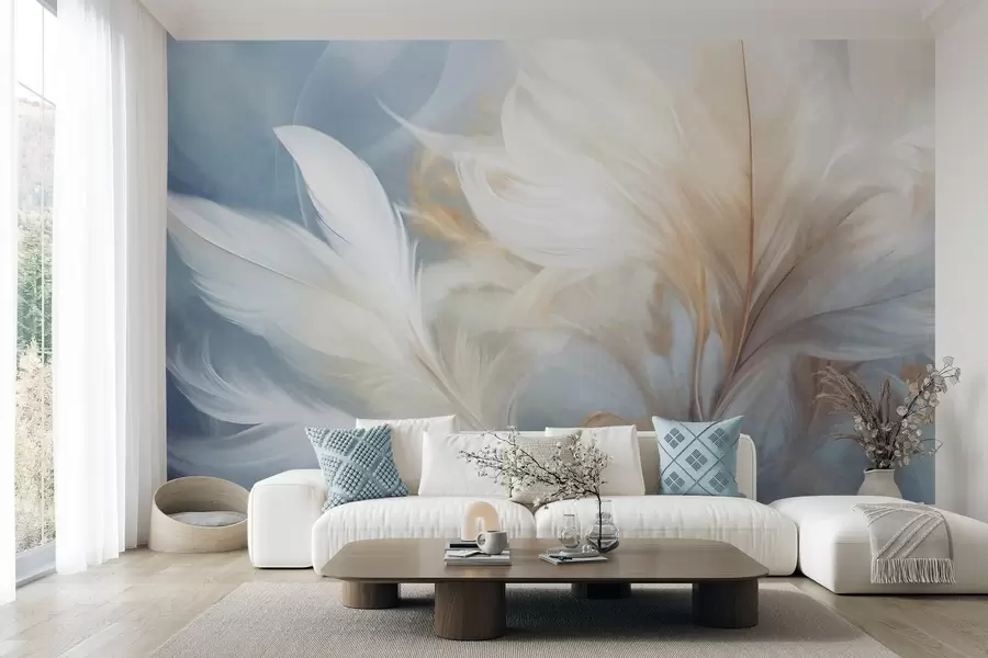 wall murals Textured soft, white feathers and blured pampas grass with blue and white background w09758