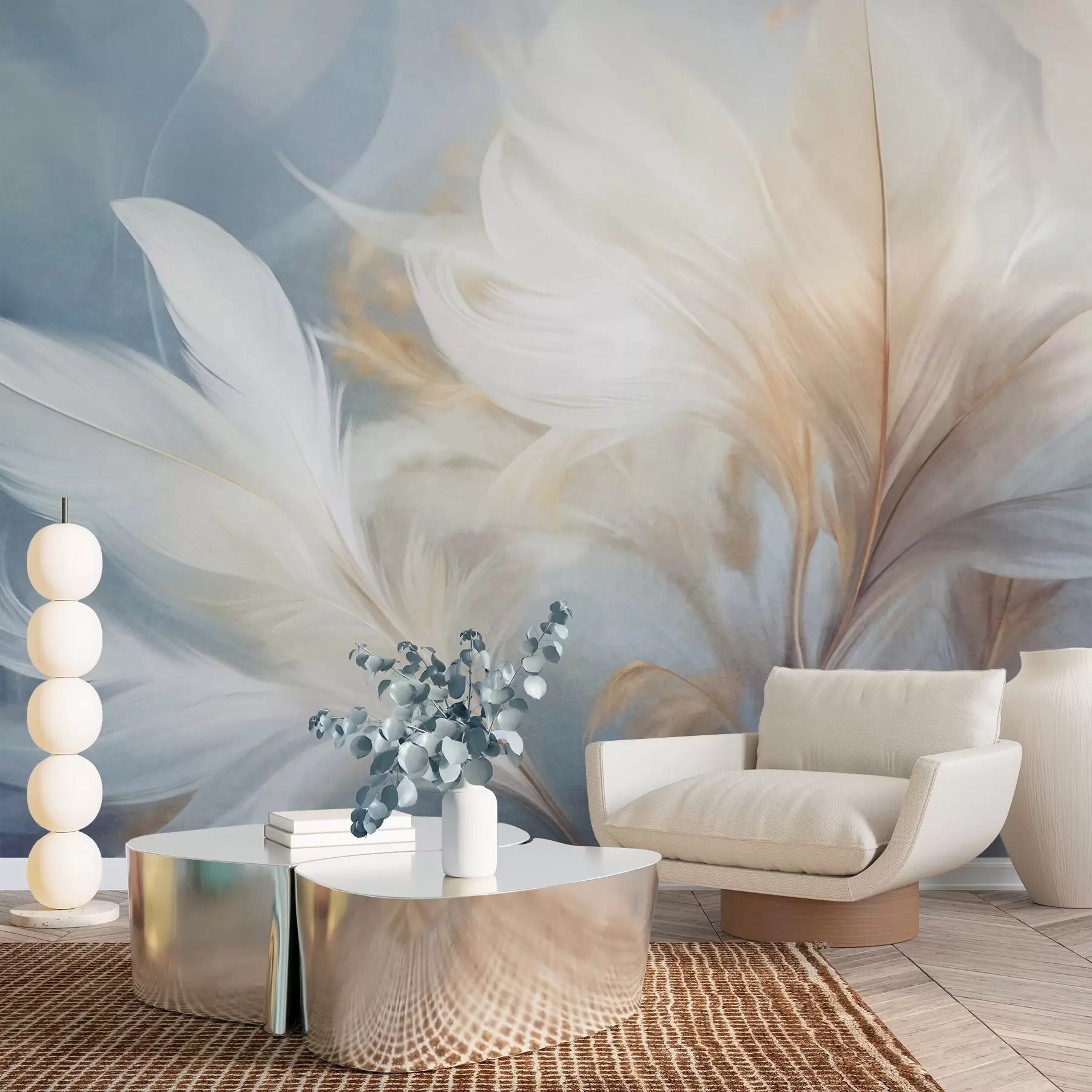 wall murals Textured soft, white feathers and blured pampas grass with blue and white background w09758