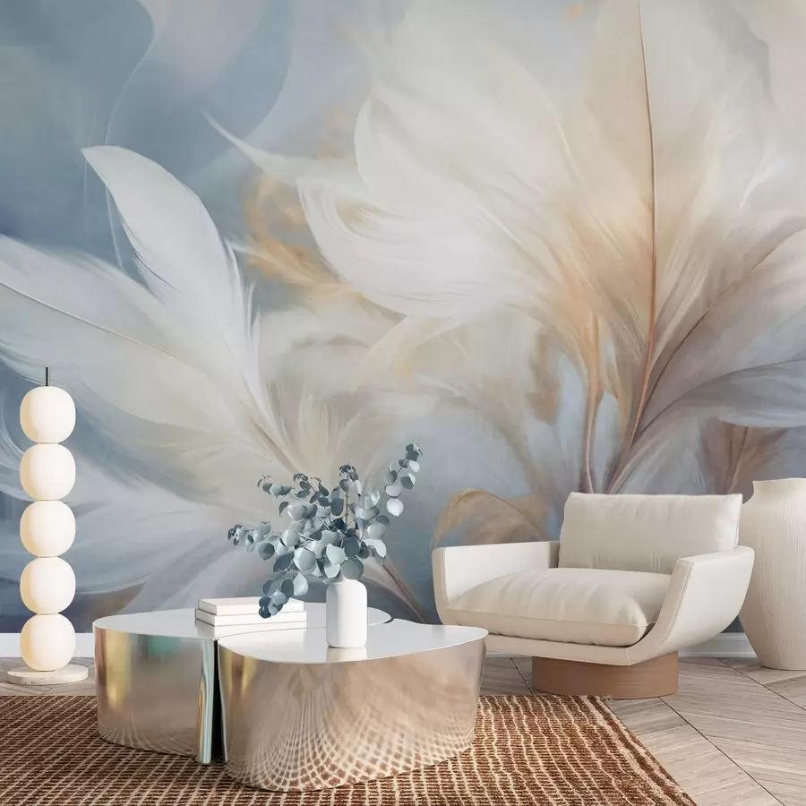 wall murals Textured soft, white feathers and blured pampas grass with blue and white background w09758