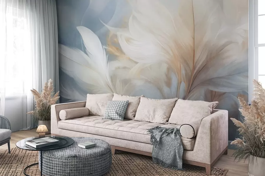 wall murals Textured soft, white feathers and blured pampas grass with blue and white background w09758