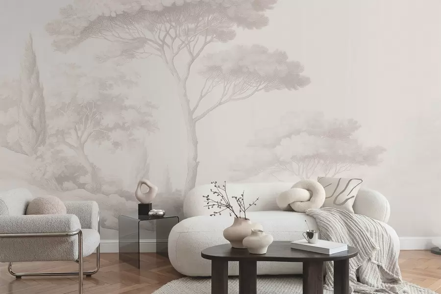wall murals Calm forest landscape in a beige color palette w09685