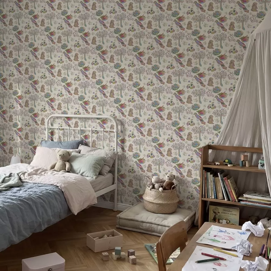 wall murals Colorful kids pattern with birds and rabbits a01127