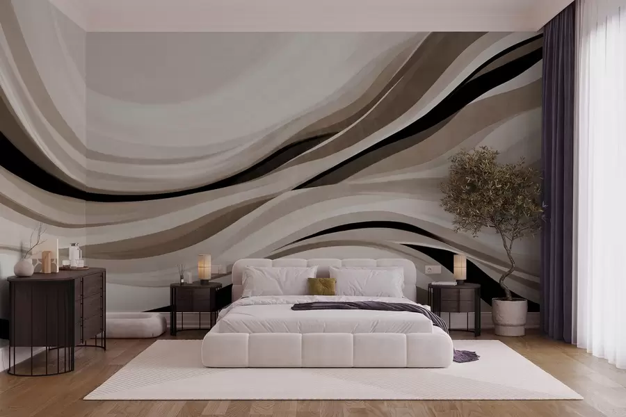 wall murals Abstract wavy lines in shades of beige and black against a light background, textured art w09748