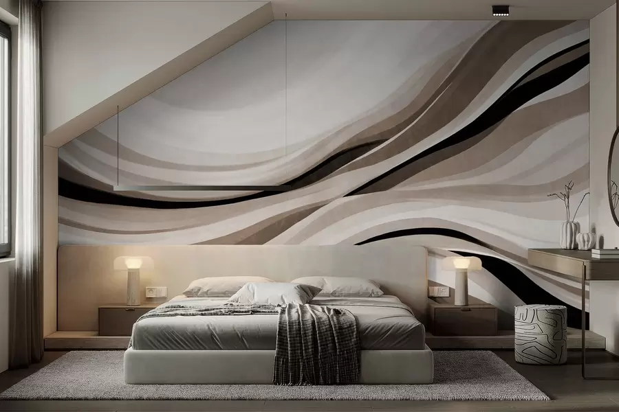 wall murals Abstract wavy lines in shades of beige and black against a light background, textured art w09748