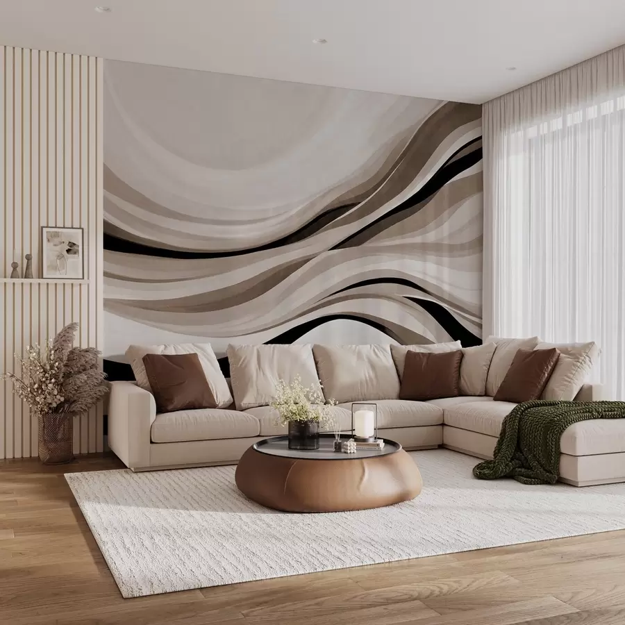 wall murals Abstract wavy lines in shades of beige and black against a light background, textured art w09748