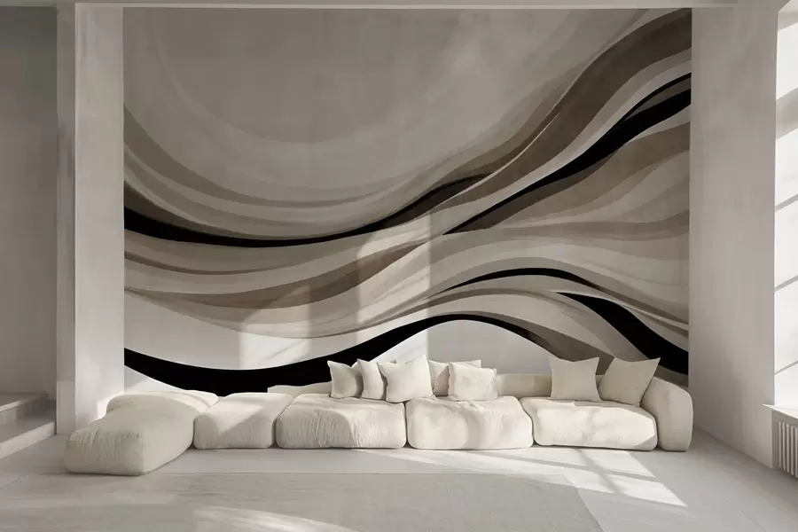 wall murals Abstract wavy lines in shades of beige and black against a light background, textured art w09748