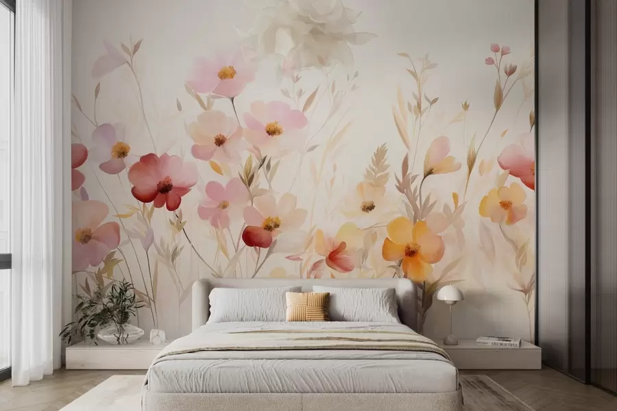 wall murals Abstract field of wildflowers in pastel hues, watercolor painting style w09757