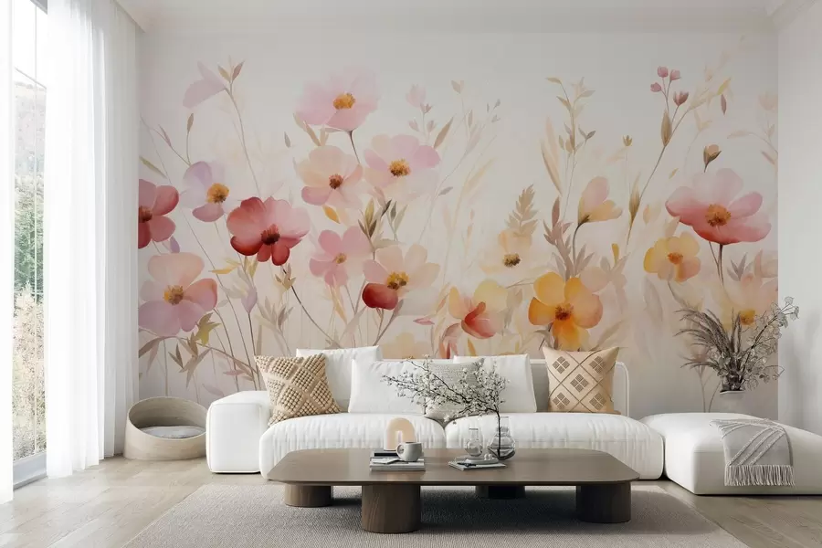 wall murals Abstract field of wildflowers in pastel hues, watercolor painting style w09757