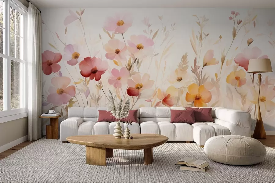 wall murals Abstract field of wildflowers in pastel hues, watercolor painting style w09757