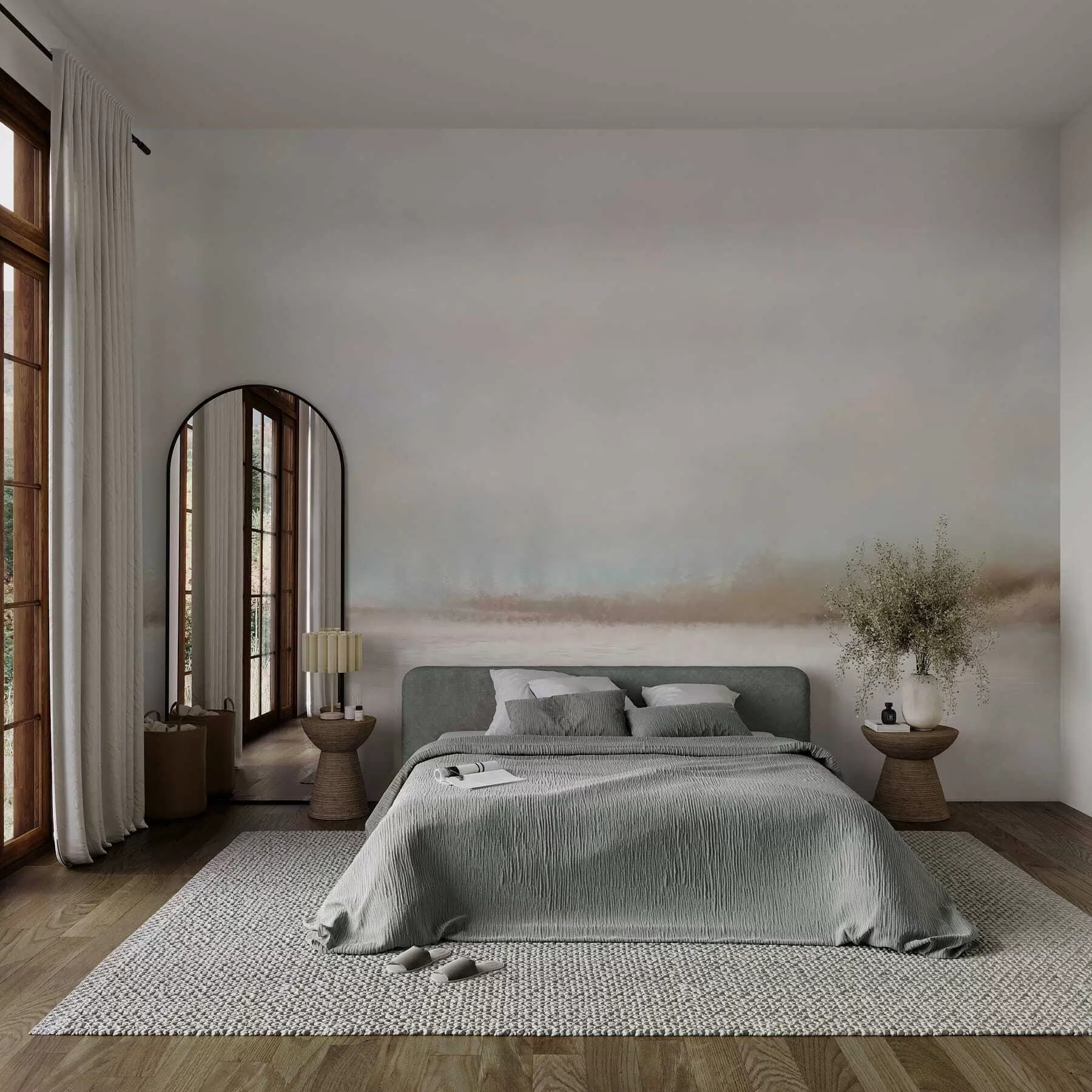 wall murals Misty landscape with lake and forest w05319