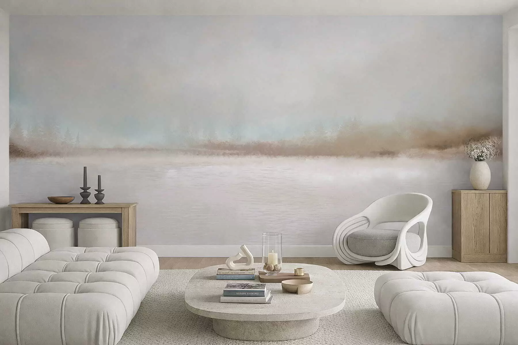 wall murals Misty landscape with lake and forest w05319