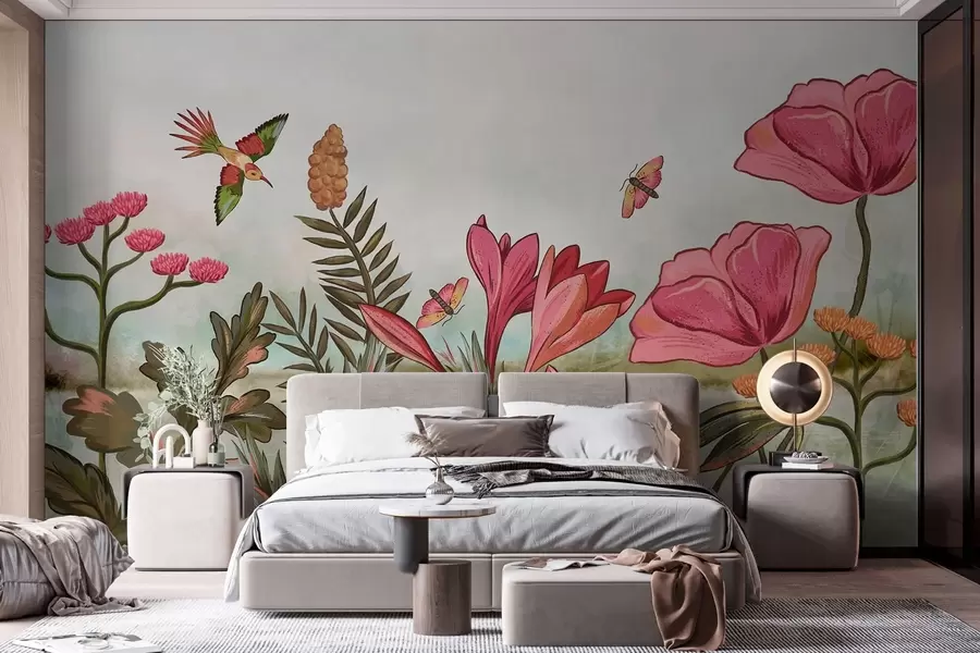 wall murals Bright flowers with bird and butterflies w05321