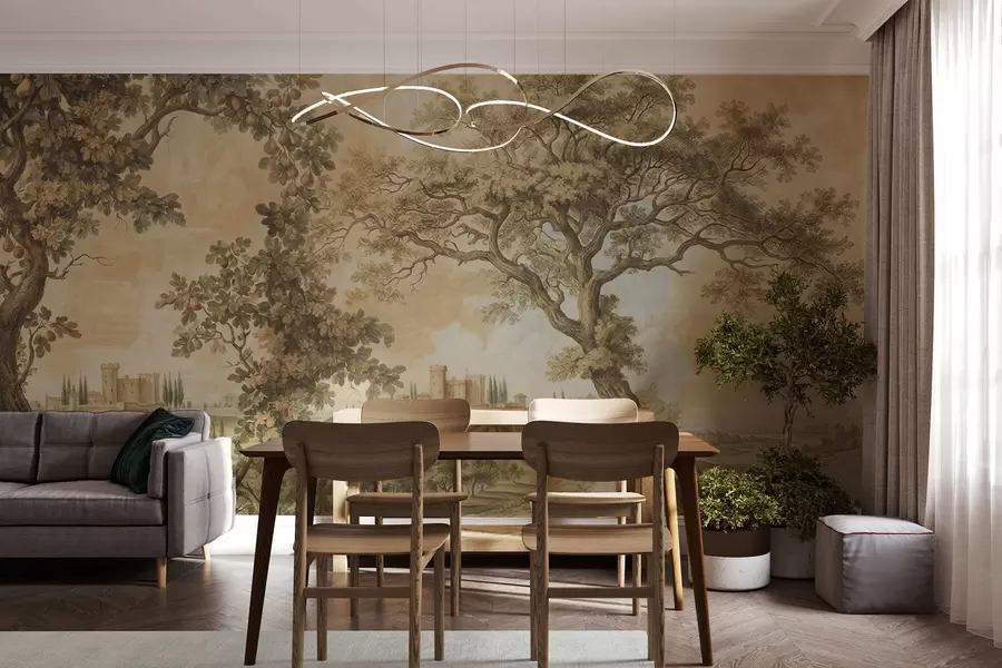 wall murals Pastoral landscape in embroidered style w05359