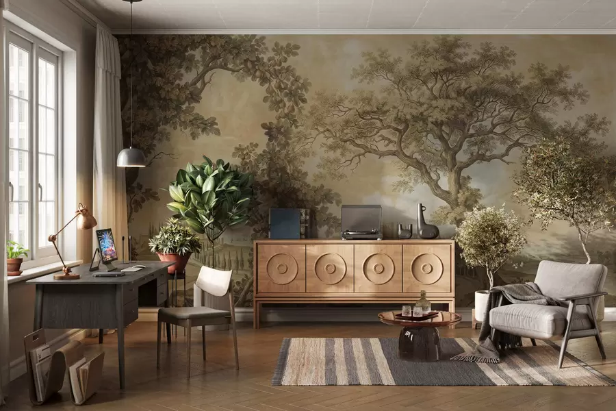 wall murals Pastoral landscape in embroidered style w05359