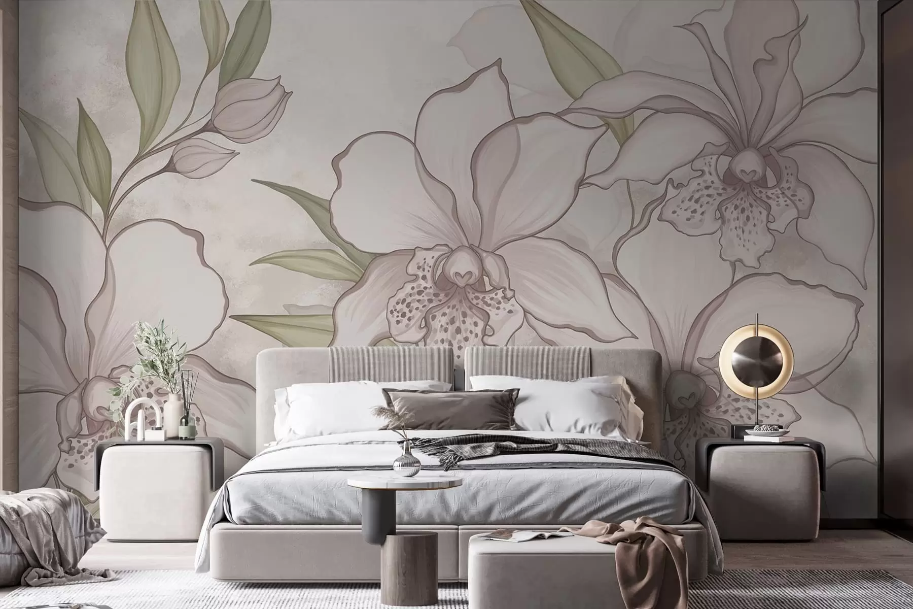 wall murals Illustration of pale orchids with leaves on beige background w05117