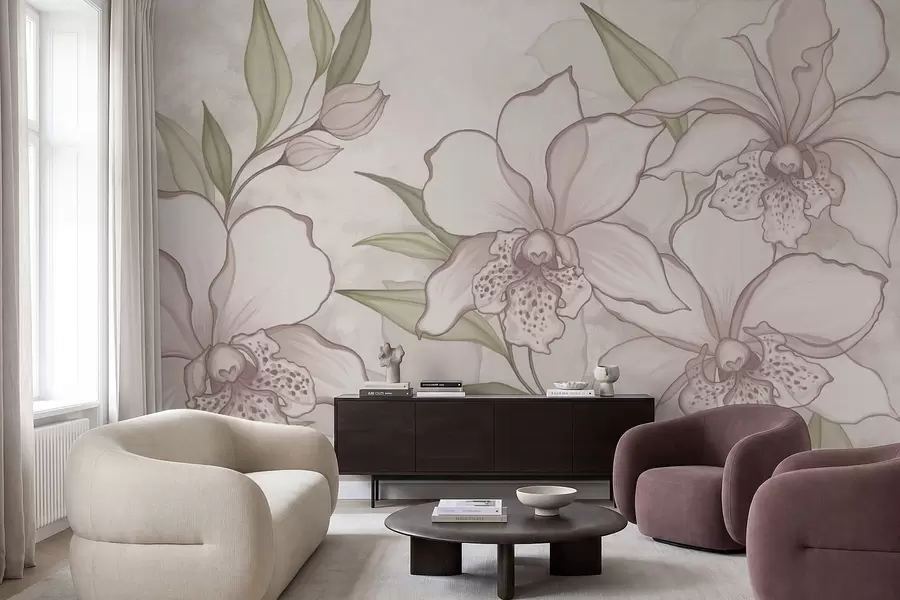 wall murals Illustration of pale orchids with leaves on beige background w05117