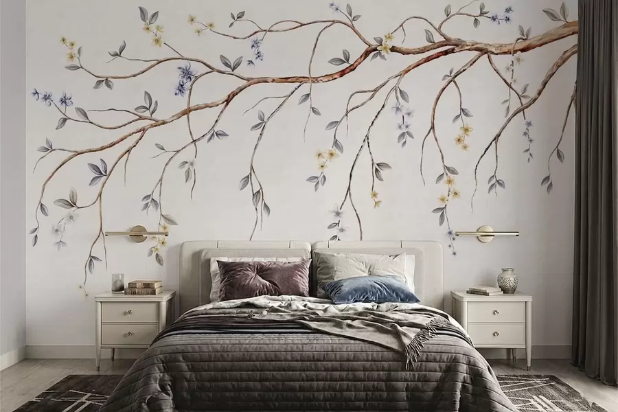 wall murals Thin branches with small flowers on light background w05145