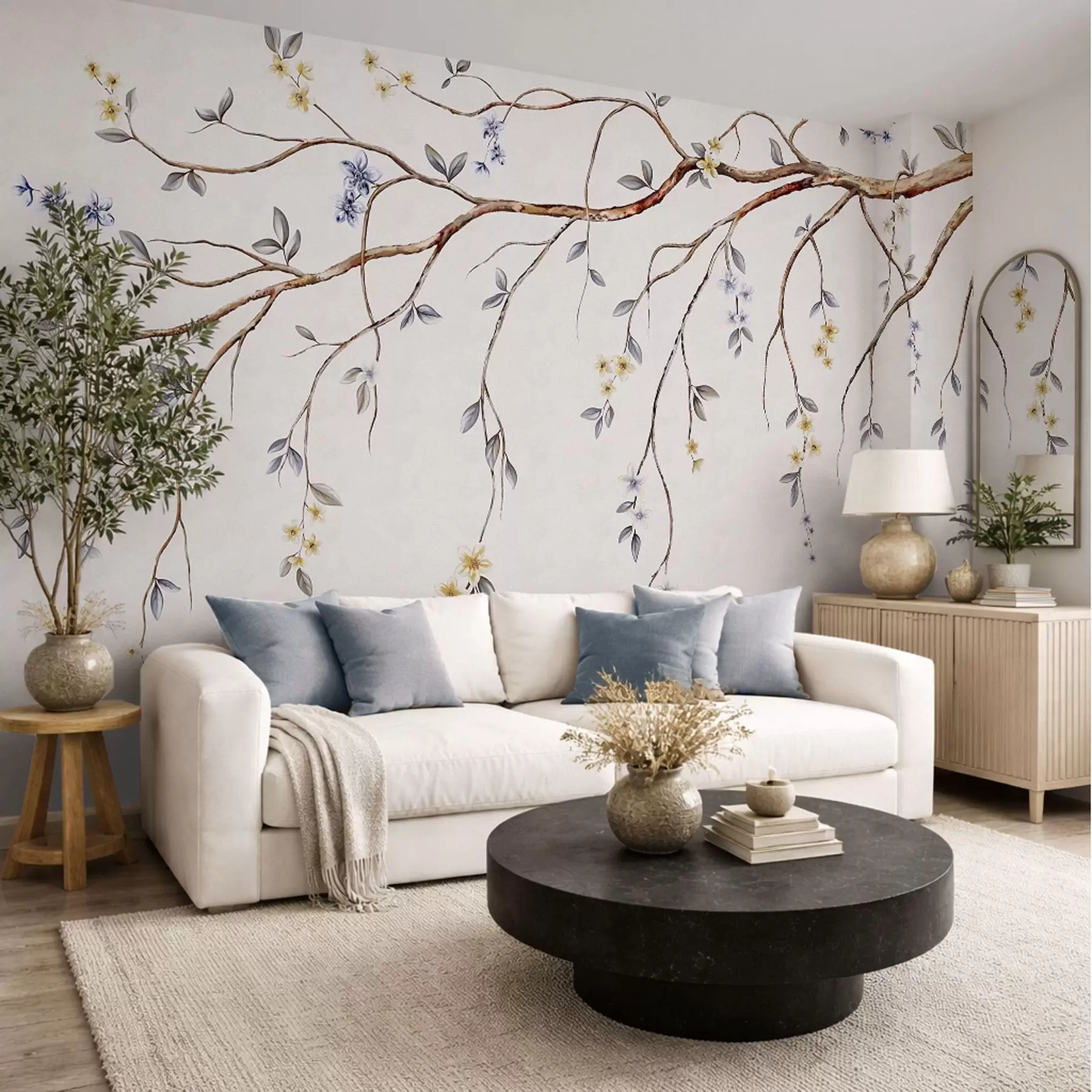 wall murals Thin branches with small flowers on light background w05145