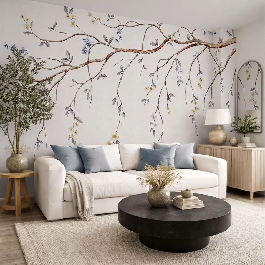 wall murals Thin branches with small flowers on light background w05145