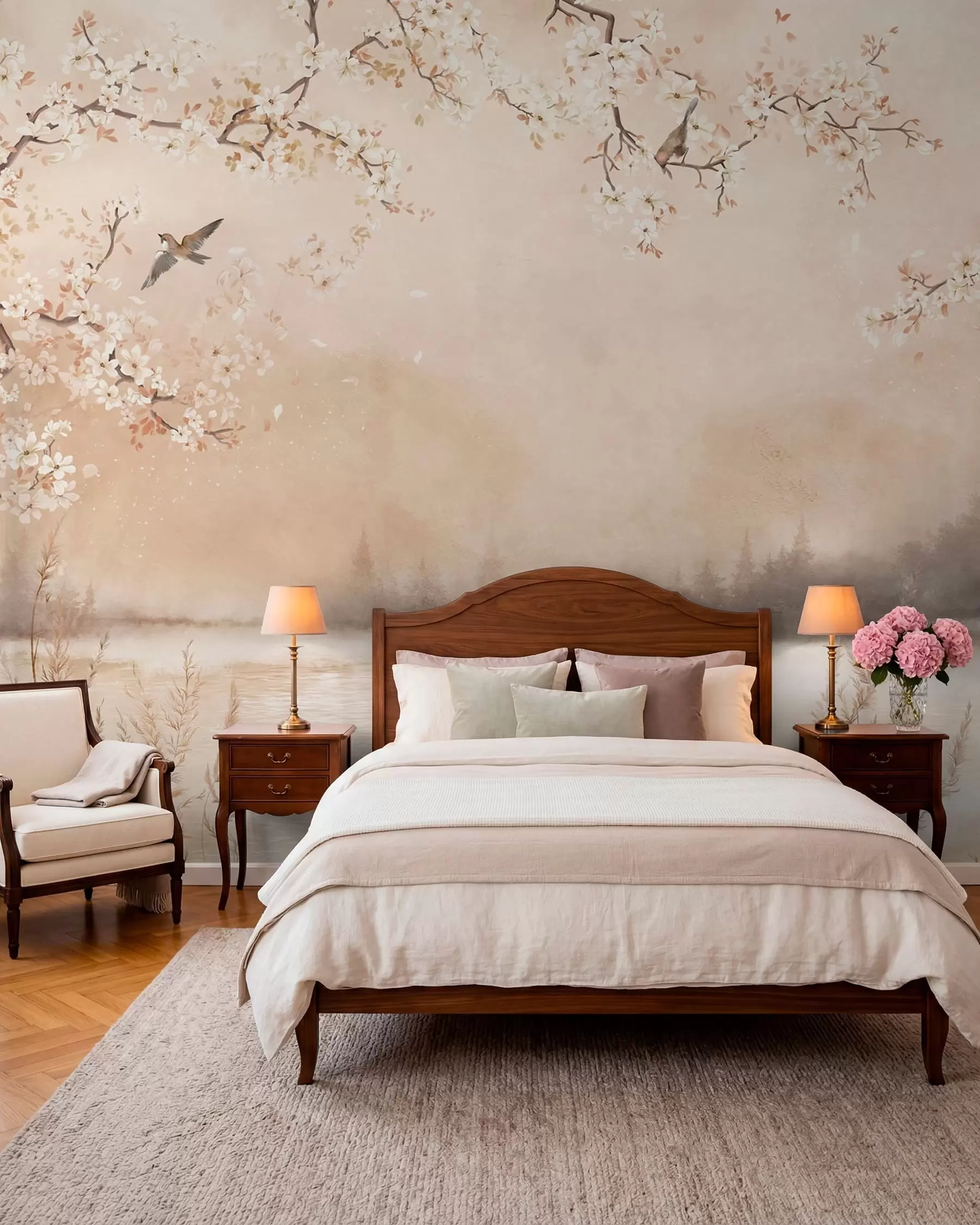 wall murals Delicate blooming branches by lake with birds in light mist w05155
