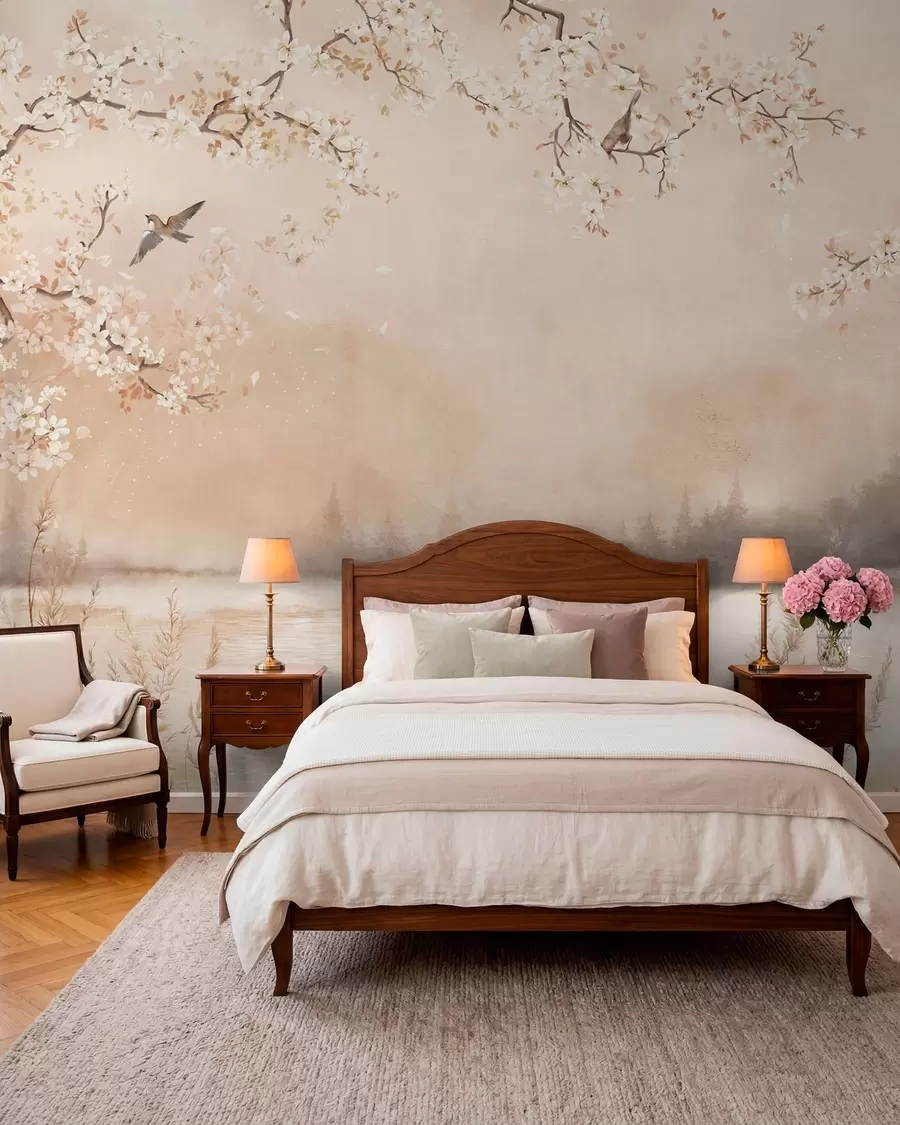 wall murals Delicate blooming branches by lake with birds in light mist w05155