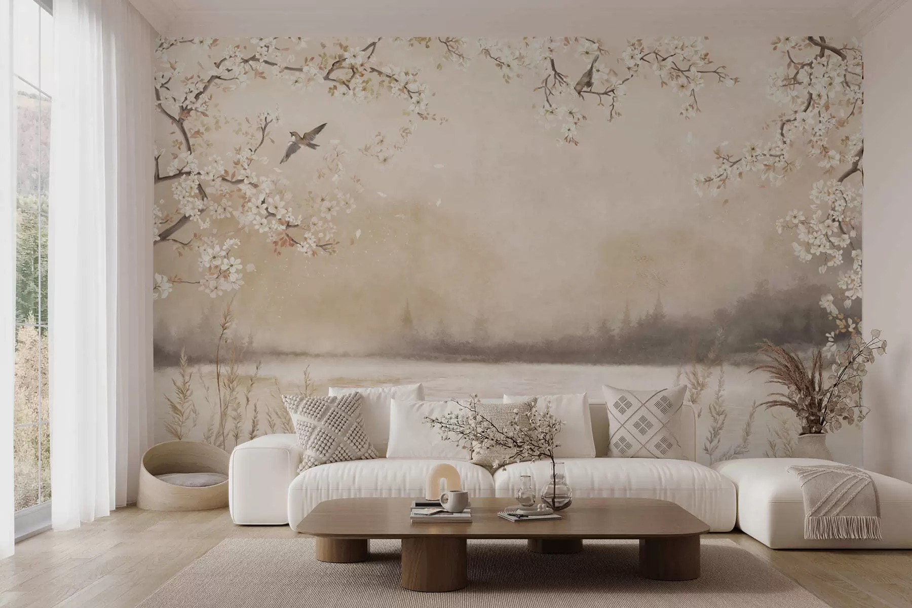 wall murals Delicate blooming branches by lake with birds in light mist w05155