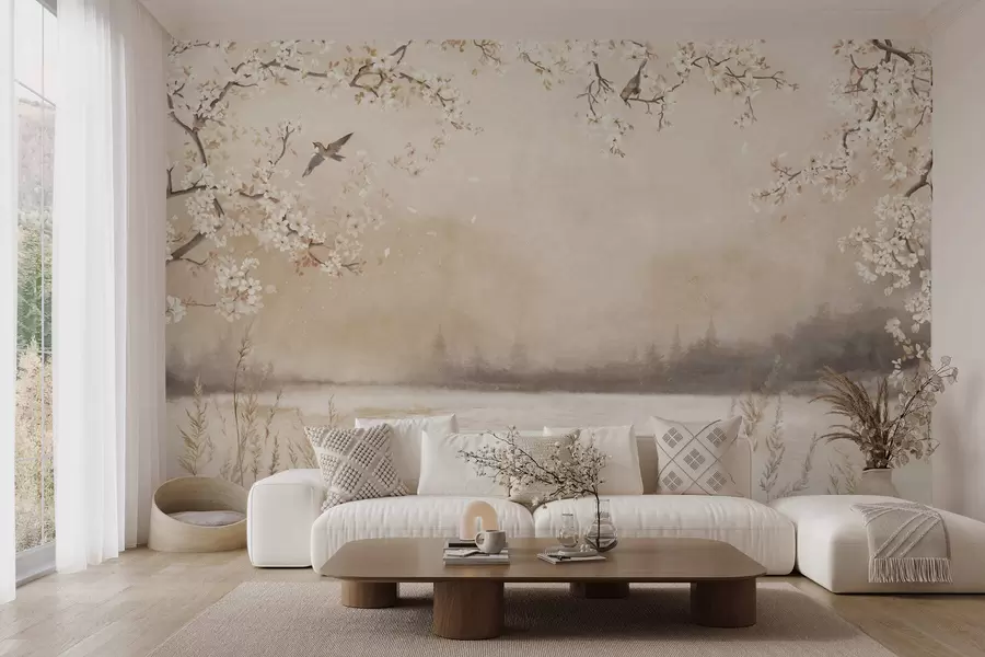 wall murals Delicate blooming branches by lake with birds in light mist w05155