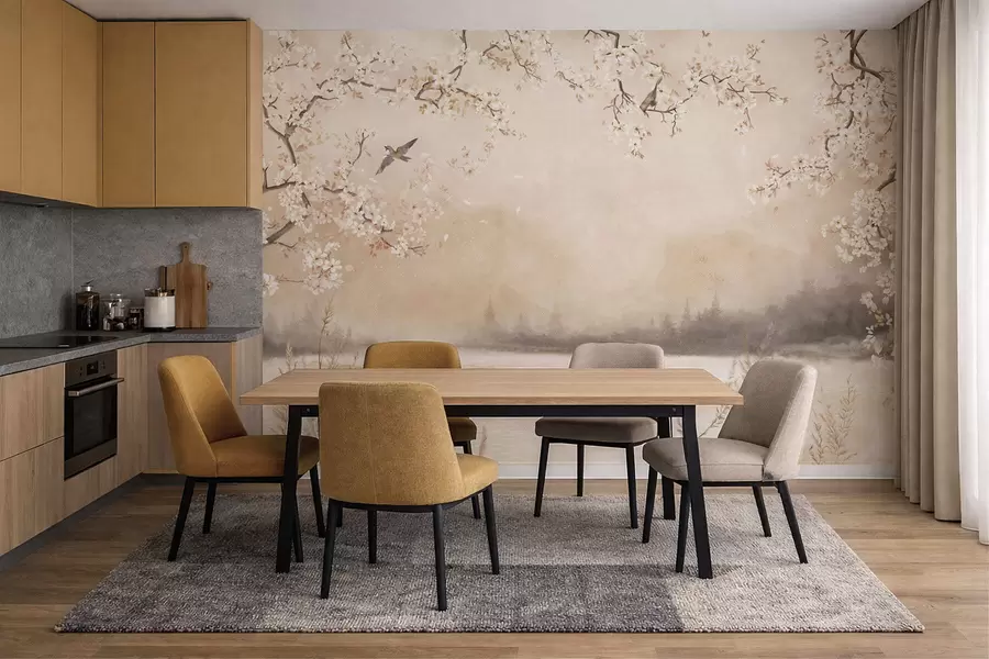 wall murals Delicate blooming branches by lake with birds in light mist w05155