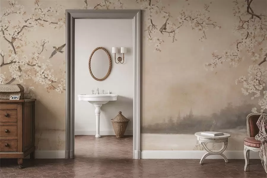 wall murals Delicate blooming branches by lake with birds in light mist w05155