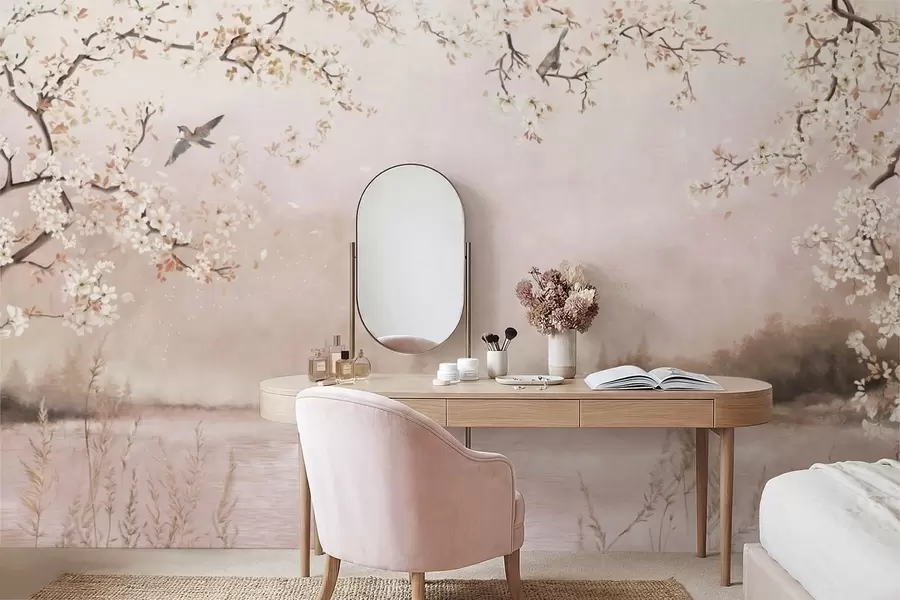 wall murals Blooming branches above calm lake with birds in mist w05155v1