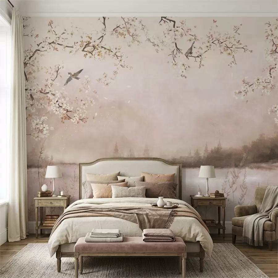 wall murals Blooming branches above calm lake with birds in mist w05155v1