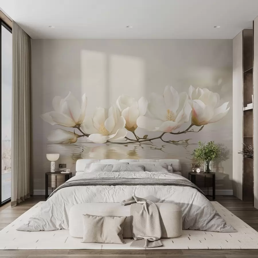 wall murals Light magnolia blossoms on branch above water reflection w05353