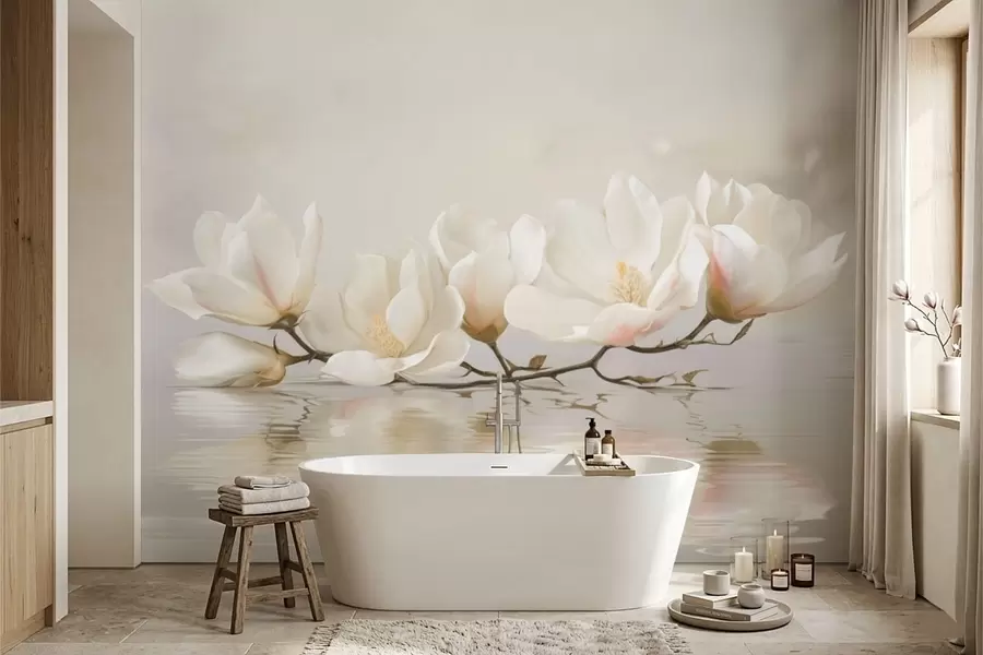 wall murals Light magnolia blossoms on branch above water reflection w05353