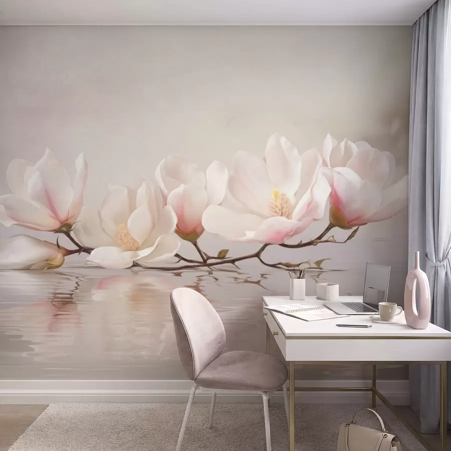 wall murals Magnolia branch with blossoms above calm water reflection w05353v1